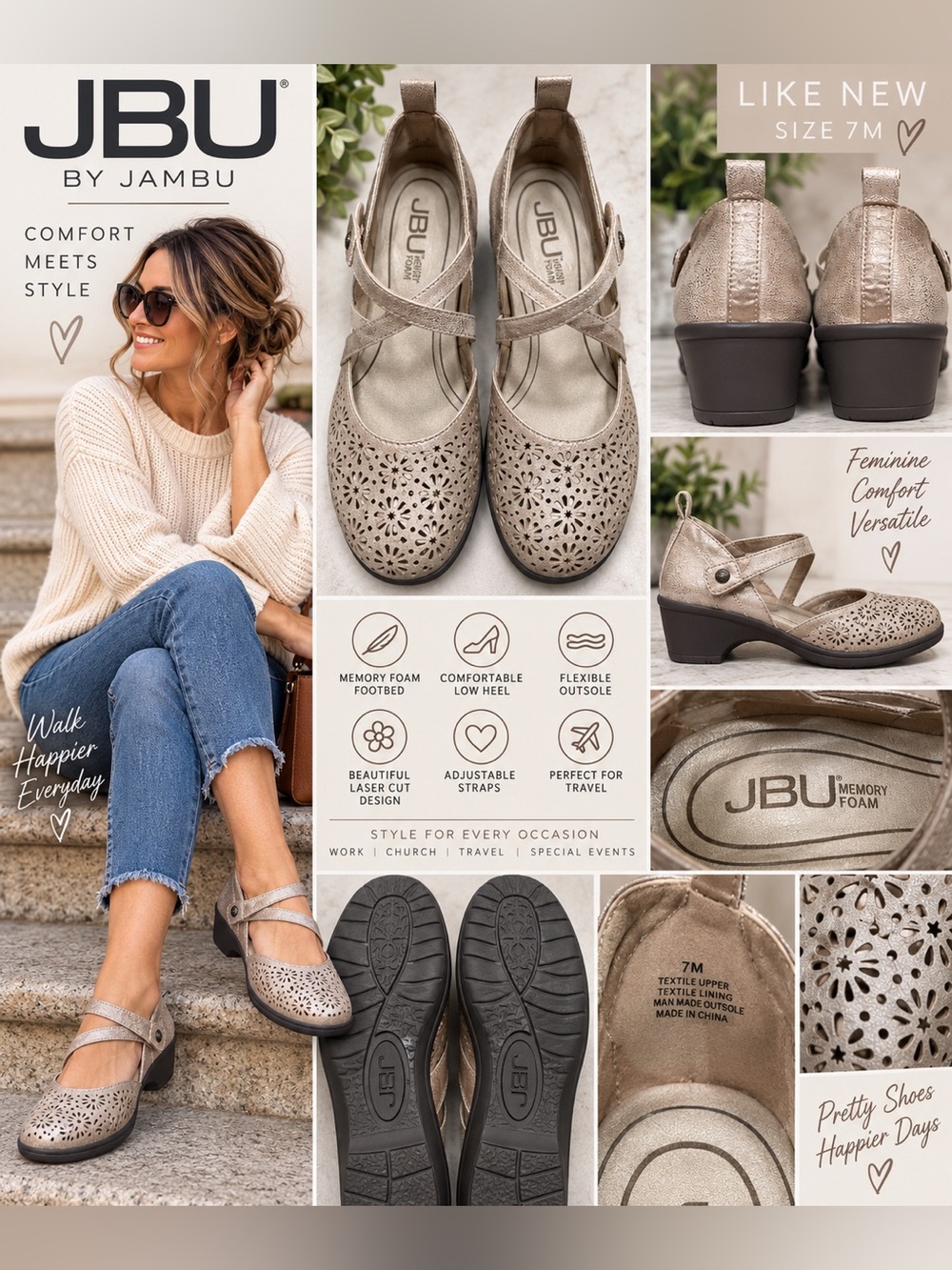 JBU by Jambu Size 7 Metallic Taupe Laser Cut Mary Jane heels memory foam EUC